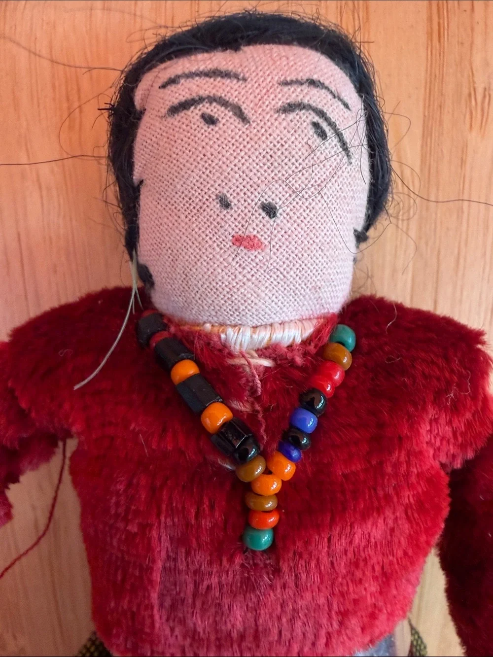 Handmade Red Fabric Doll with Bead Necklace